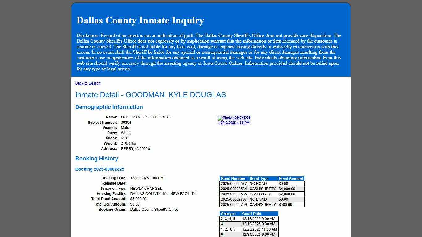 Inmate Detail - GOODMAN, KYLE DOUGLAS